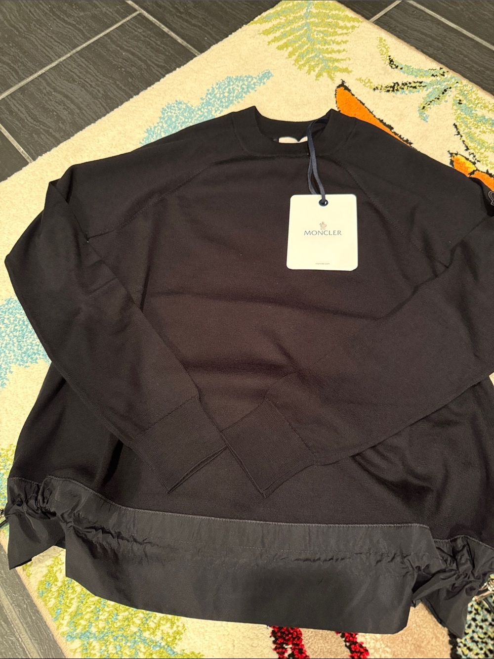 Moncler Women’s Black Crewneck Sweater with Hem Panel, size XS